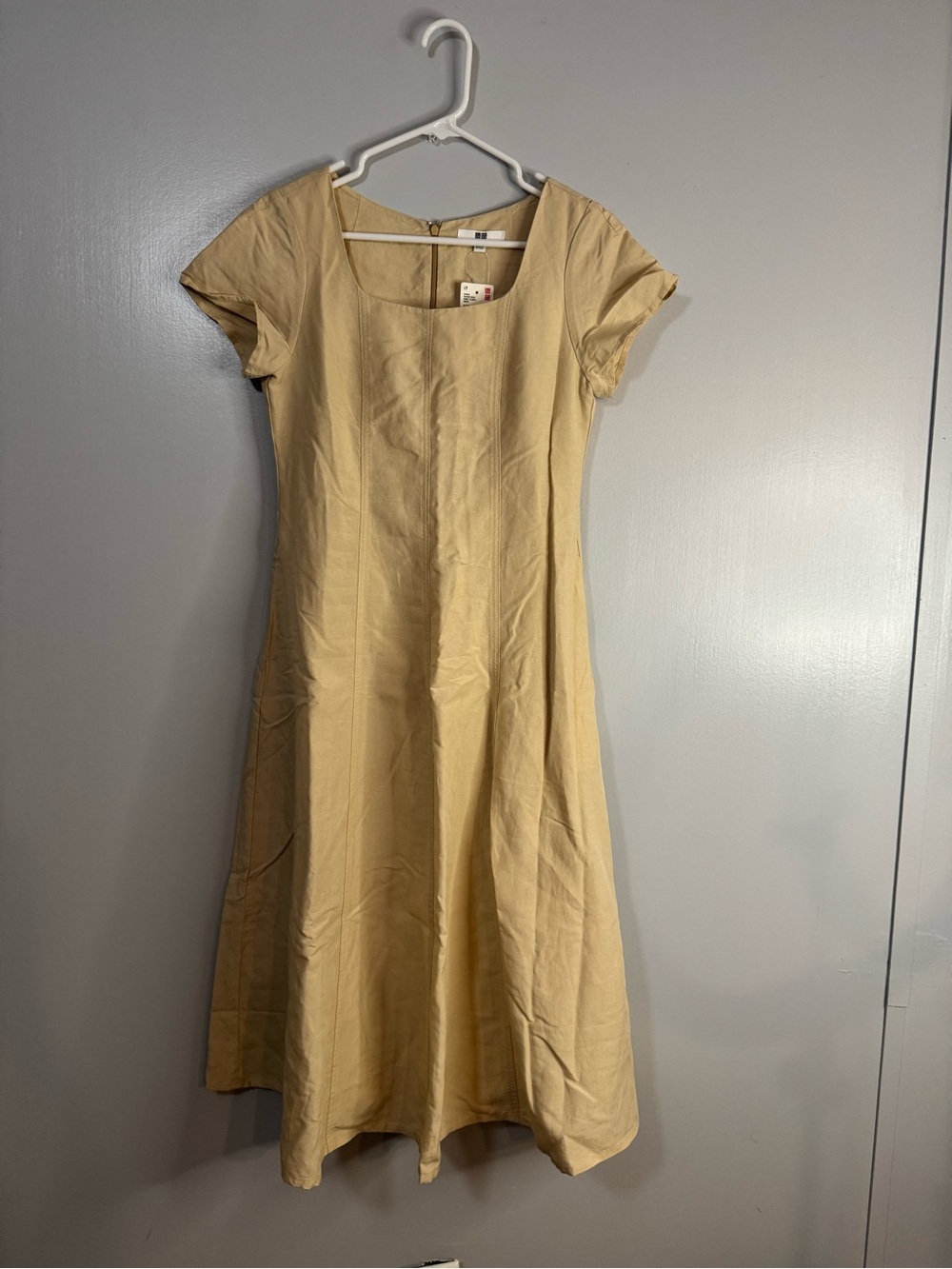 Uniqlo Beige Cream Square Neck Short Sleeve Casual Midi Dress Size XS